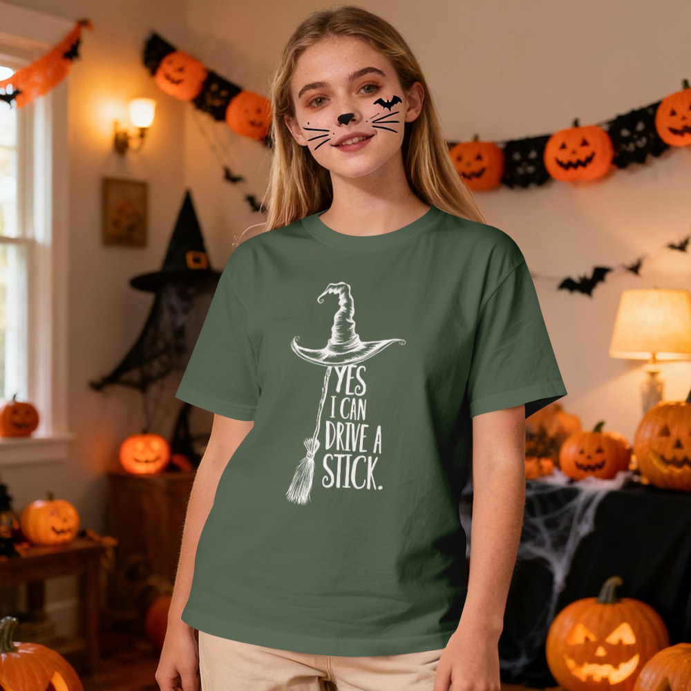 Yes I Can Drive A Stick T Shirt, Funny Halloween Witch Tee for Women, Spooky Party Shirt, Cute Halloween Gift Top, Witchy Costume Outfit - MyFaceSocksAU