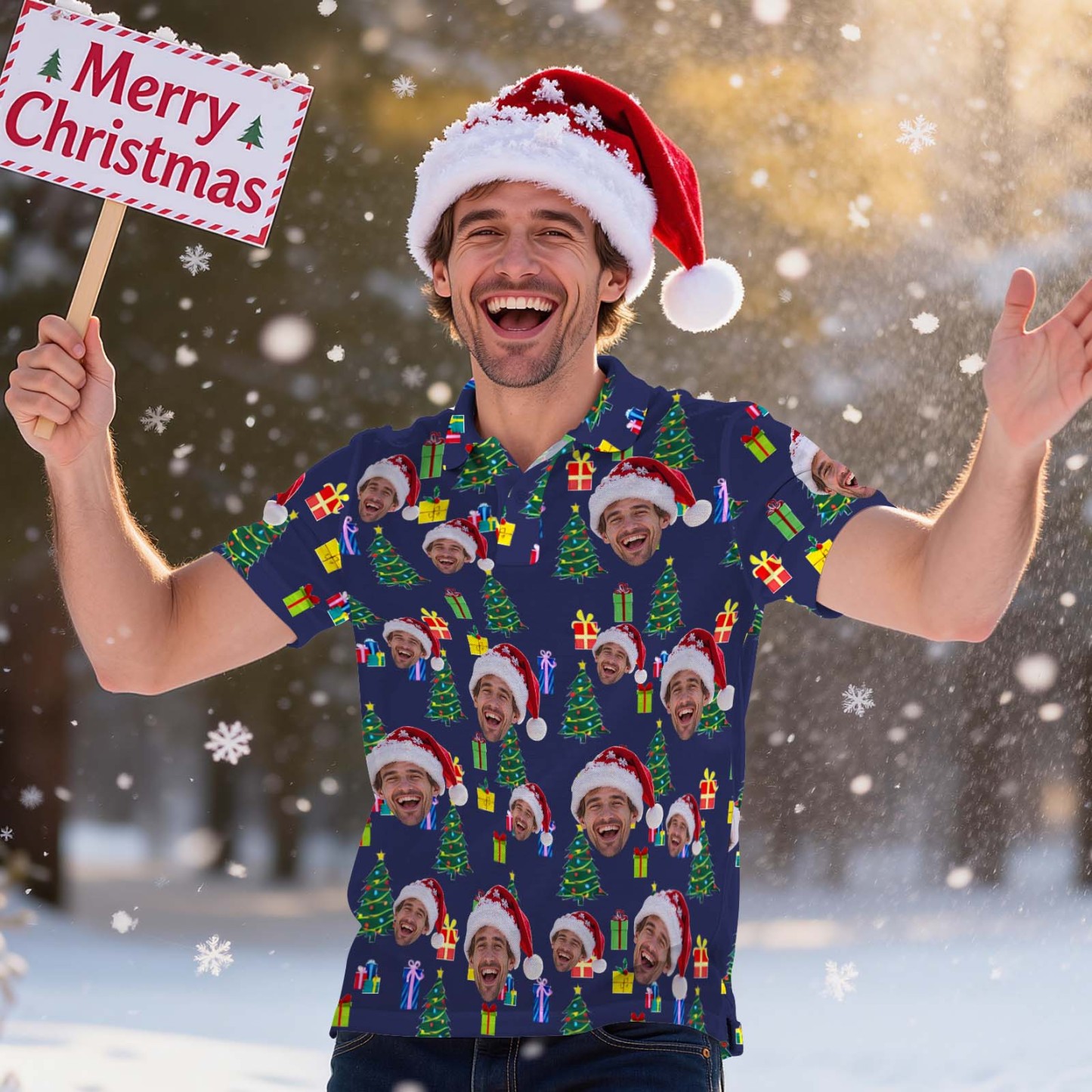 Personalized Christmas Light Tree Polo Shirt Festive Holiday Polo for Men Custom Face Christmas Tree Polo Shirt - MyFaceSocksAU