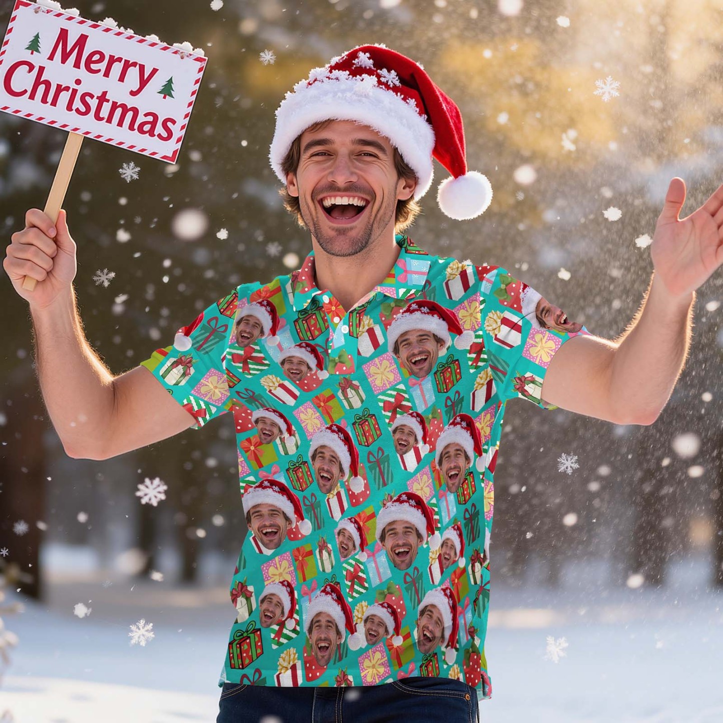 Personalized Christmas Light Tree Polo Shirt Festive Holiday Polo for Men Custom Face Christmas Tree Polo Shirt - MyFaceSocksAU