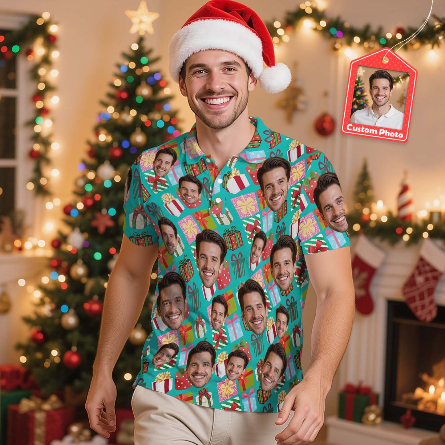 Personalized Christmas Light Tree Polo Shirt Festive Holiday Polo for Men Custom Face Christmas Tree Polo Shirt - MyFaceSocksAU