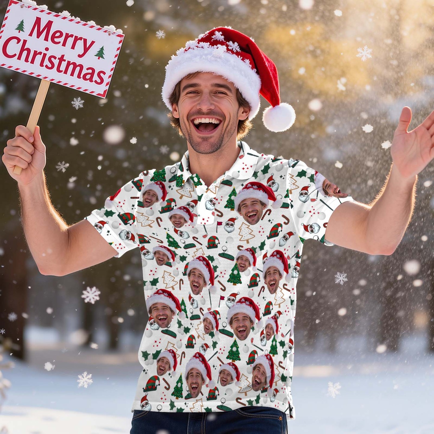 Personalized Christmas Light Tree Polo Shirt Festive Holiday Polo for Men Custom Face Christmas Tree Polo Shirt - MyFaceSocksAU