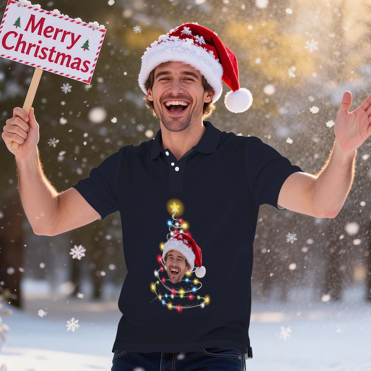 Personalized Christmas Light Tree Polo Shirt Festive Holiday Polo for Men Custom Face Christmas Tree Polo Shirt - MyFaceSocksAU