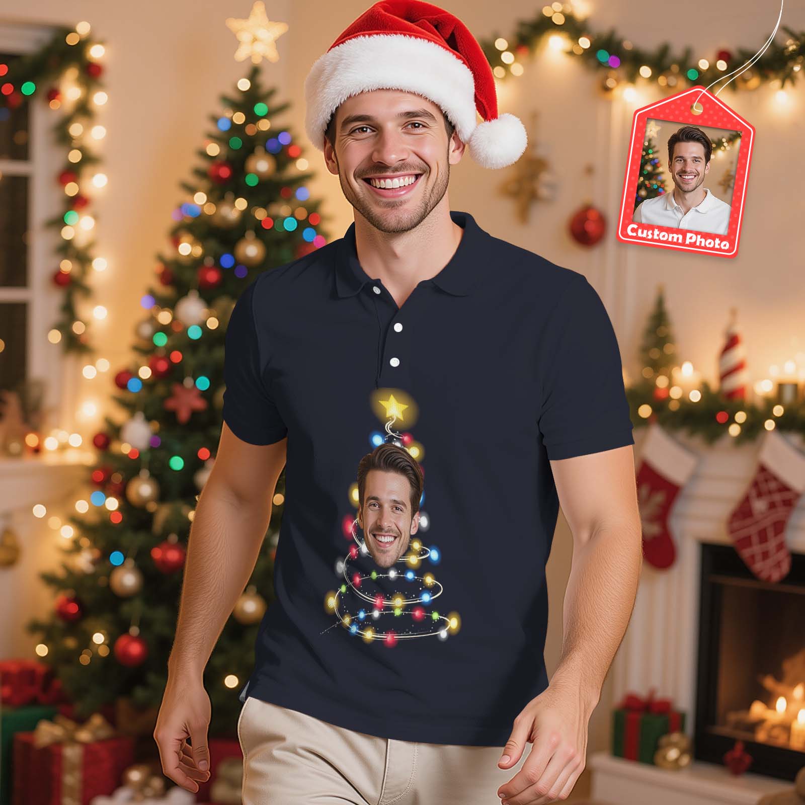 Personalized Christmas Light Tree Polo Shirt Festive Holiday Polo for Men Custom Face Christmas Tree Polo Shirt
