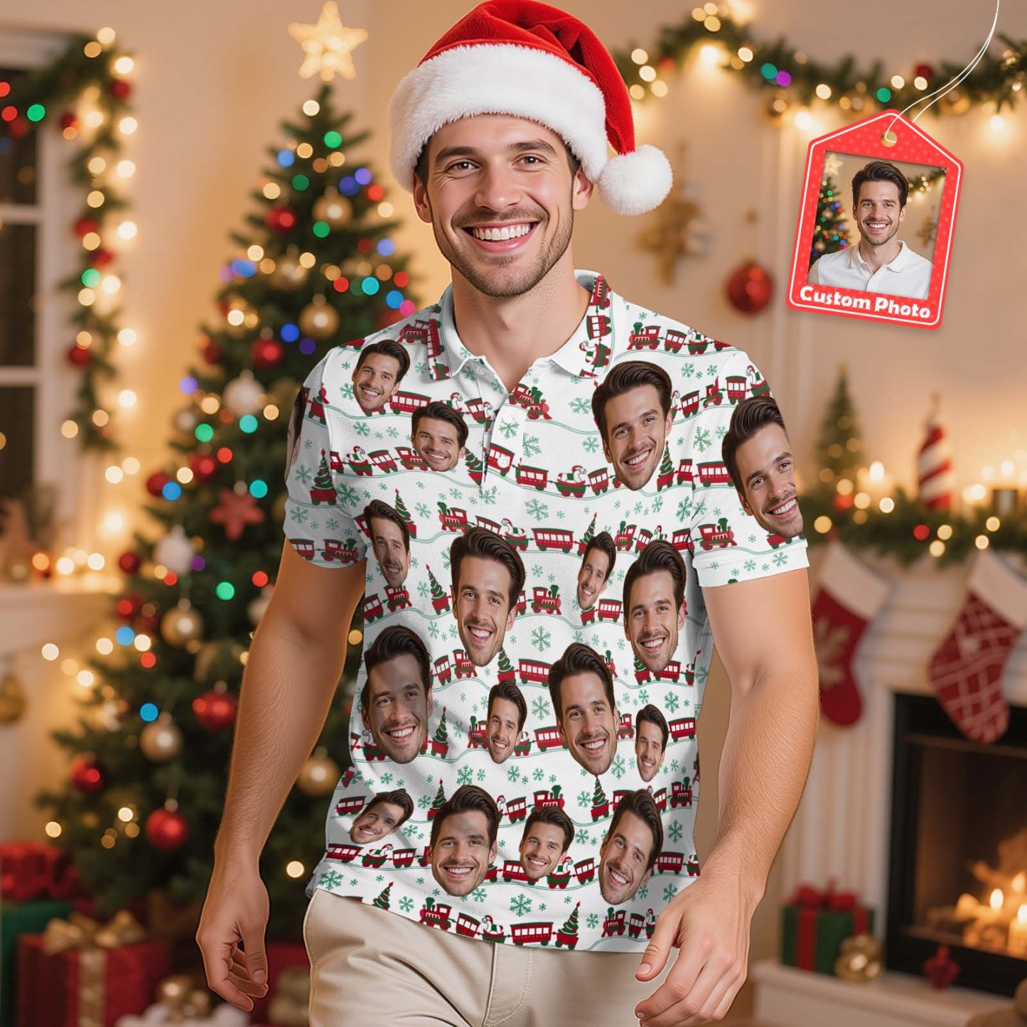 Personalized Christmas Light Tree Polo Shirt Festive Holiday Polo for Men Custom Face Christmas Tree Polo Shirt - MyFaceSocksAU
