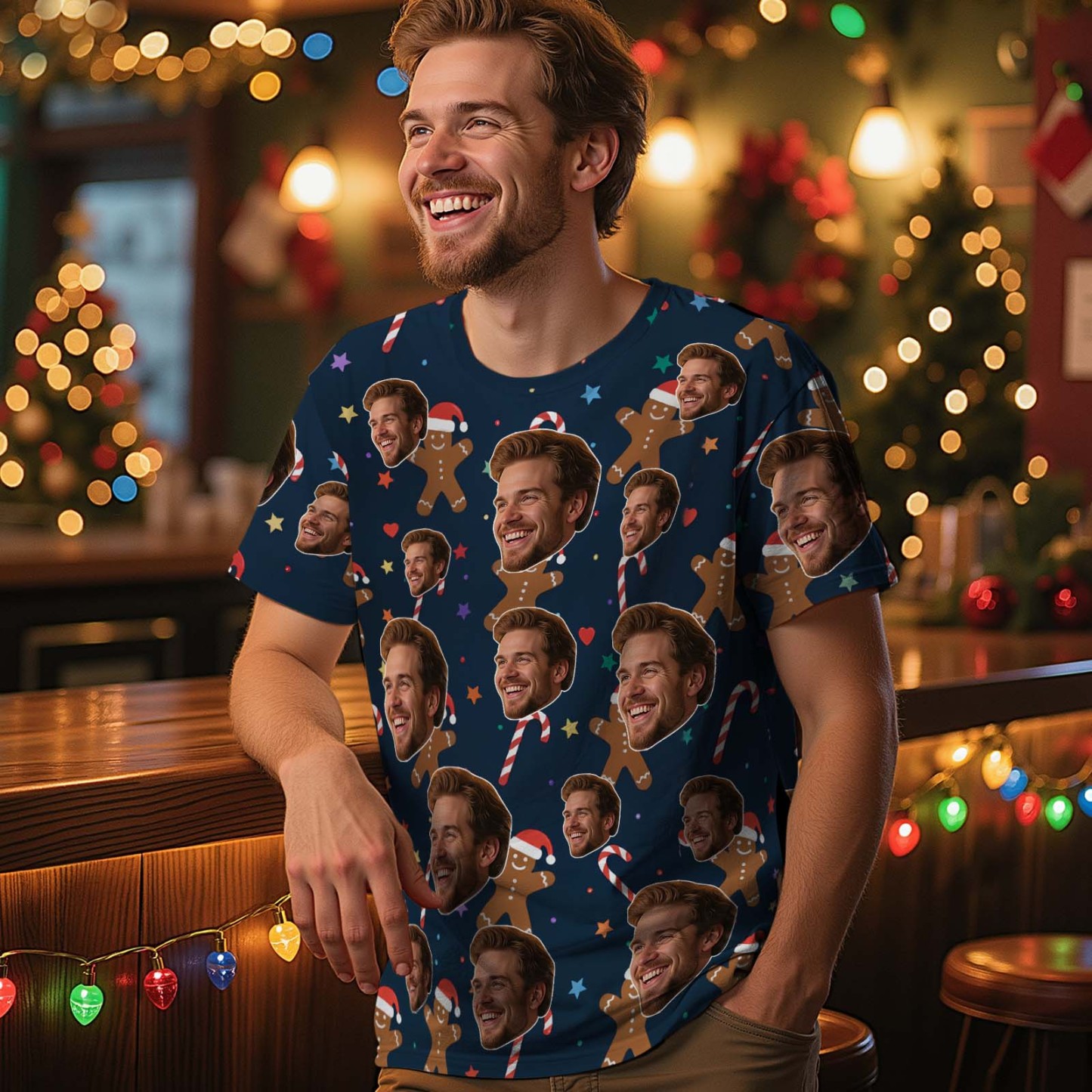 Custom Christmas T-Shirt with Photo Santa Claus Personalized Holiday Blue Tee for Family Friends Couples Christmas Gift - MyFaceSocksAU