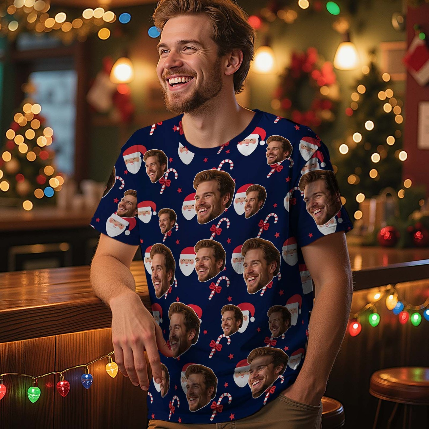 Custom Christmas T-Shirt with Photo Santa Claus Personalized Holiday Blue Tee for Family Friends Couples Christmas Gift - MyFaceSocksAU