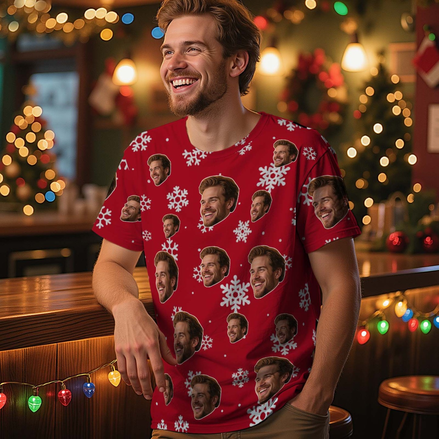 Custom Christmas T-Shirt with Photo Red Snowflakes Santa Claus Personalized Holiday Tee for Family Friends Couples Christmas Gift - MyFaceSocksAU