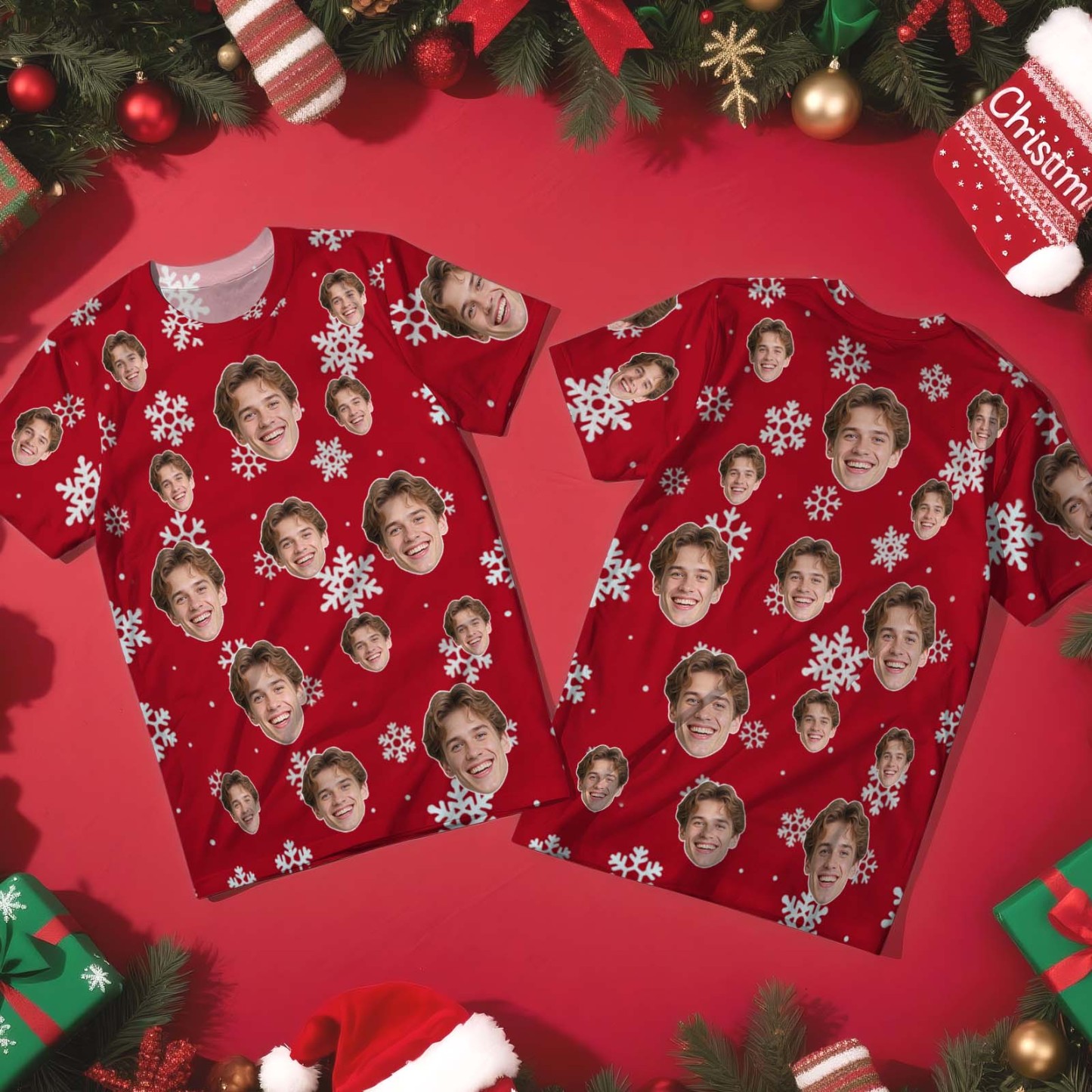 Custom Christmas T-Shirt with Photo Red Snowflakes Santa Claus Personalized Holiday Tee for Family Friends Couples Christmas Gift - MyFaceSocksAU