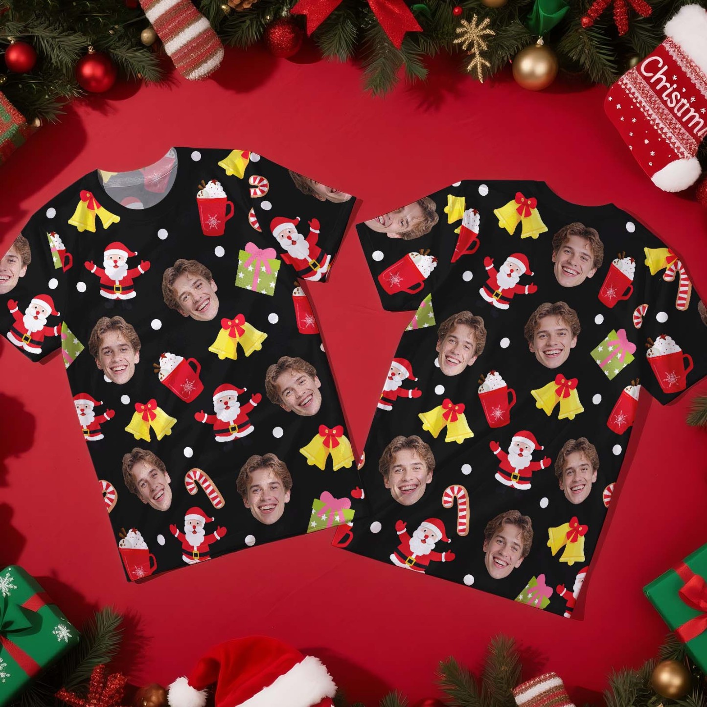 Custom Christmas Bell T-shirt Photo T-shirts Personalized Christmas Gift for Family and Friends - MyFaceSocksAU