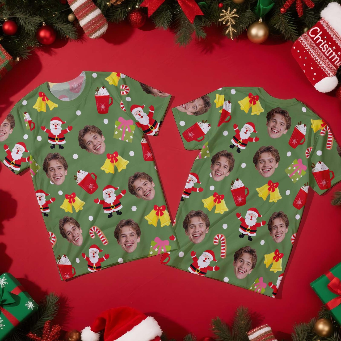 Custom Christmas Bell T-shirt Photo T-shirts Personalized Christmas Gift for Family and Friends - MyFaceSocksAU