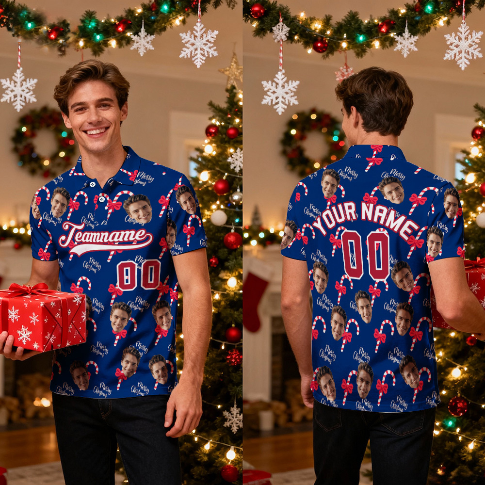 Custom Face and Text Blue Christmas Santa Claus Performance Golf Polo Shirt - MyFaceSocksAU