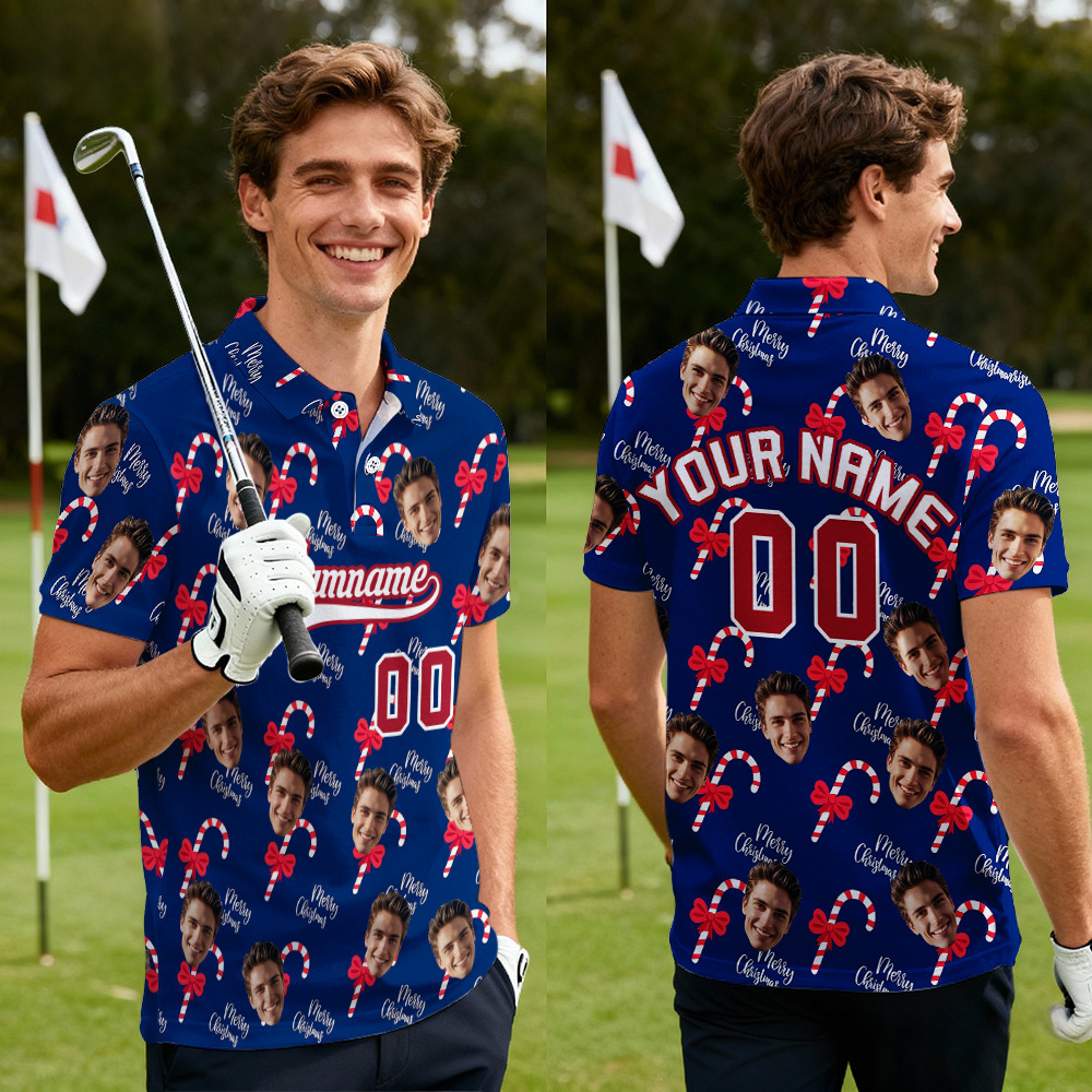 Custom Face and Text Blue Christmas Santa Claus Performance Golf Polo Shirt - MyFaceSocksAU