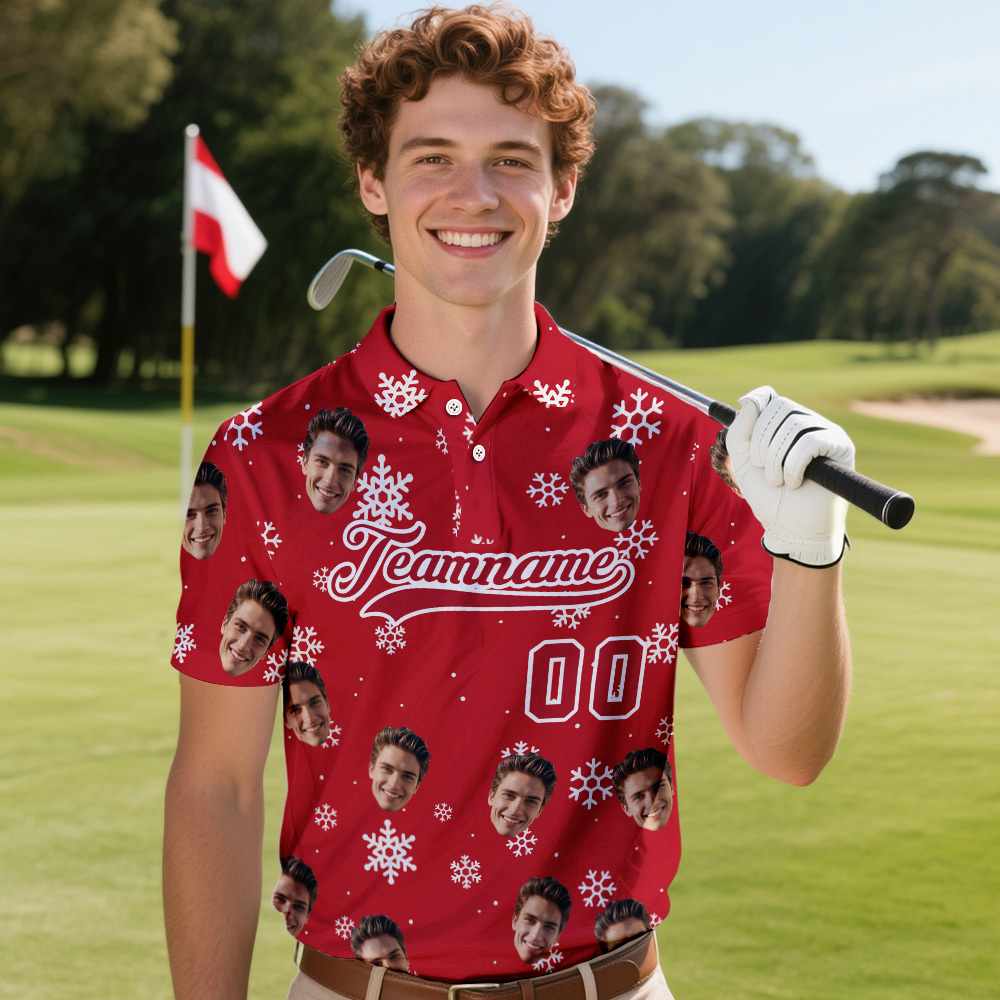 Custom Face and Text Dark Red Snowflakes Polo Christmas Santa Claus Performance Golf Polo Shirt - MyFaceSocksAU