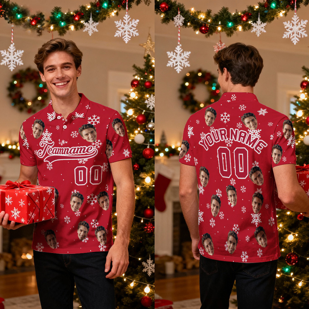 Custom Face and Text Dark Red Snowflakes Polo Christmas Santa Claus Performance Golf Polo Shirt - MyFaceSocksAU