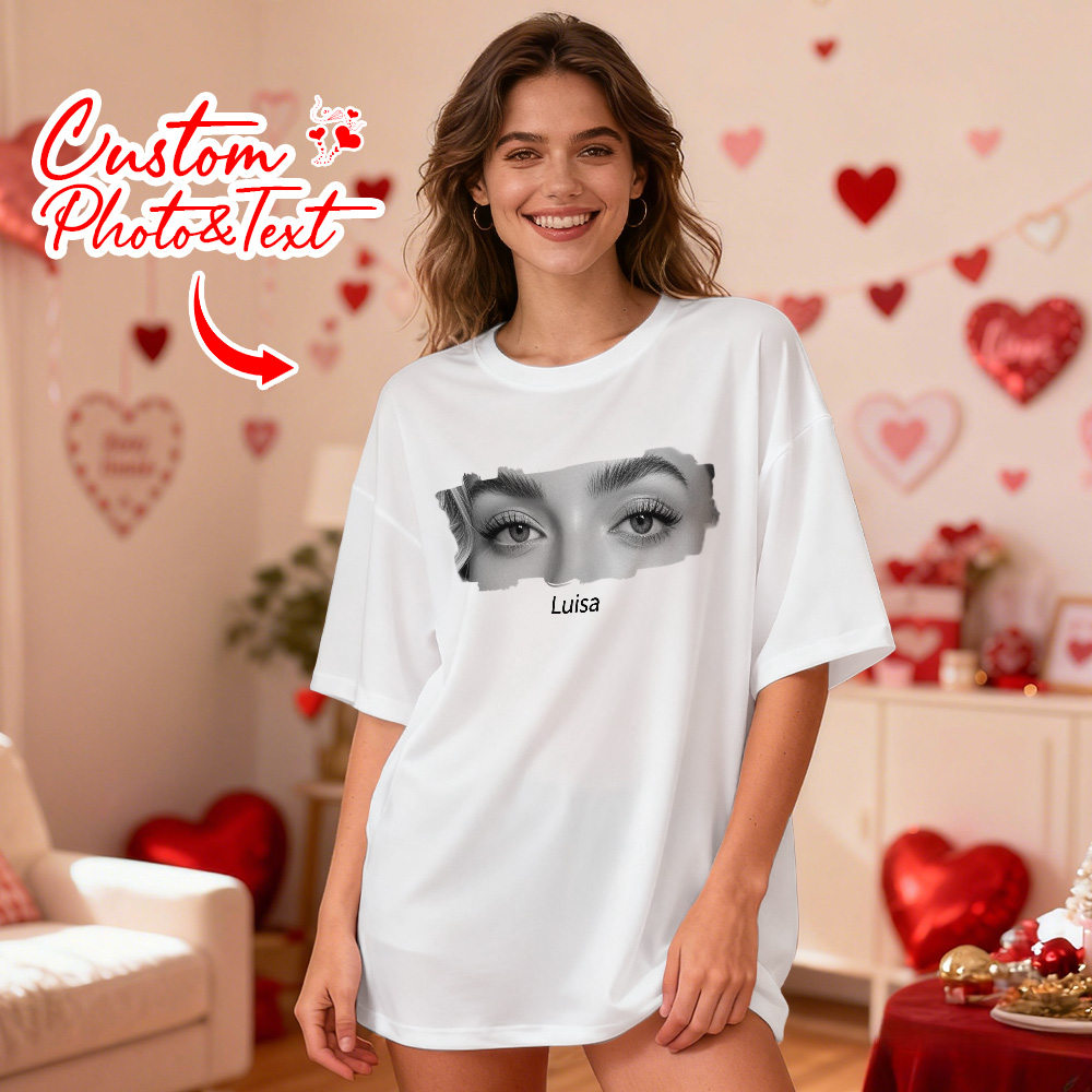Custom Eyes White Shirt Girlfriend Eyes Tee Personalized Photo and Name Valentine Gift Idea