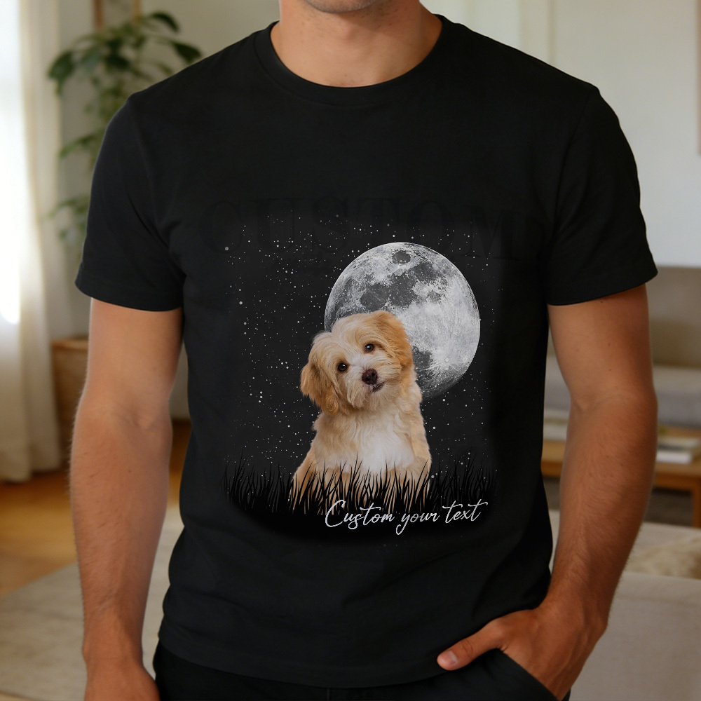 Custom Photo T-Shirt Personalized Full Moon Pet Shirt Custom Pet Portrait T-Shirt Gift for Pet Lovers - MyFaceSocksAU