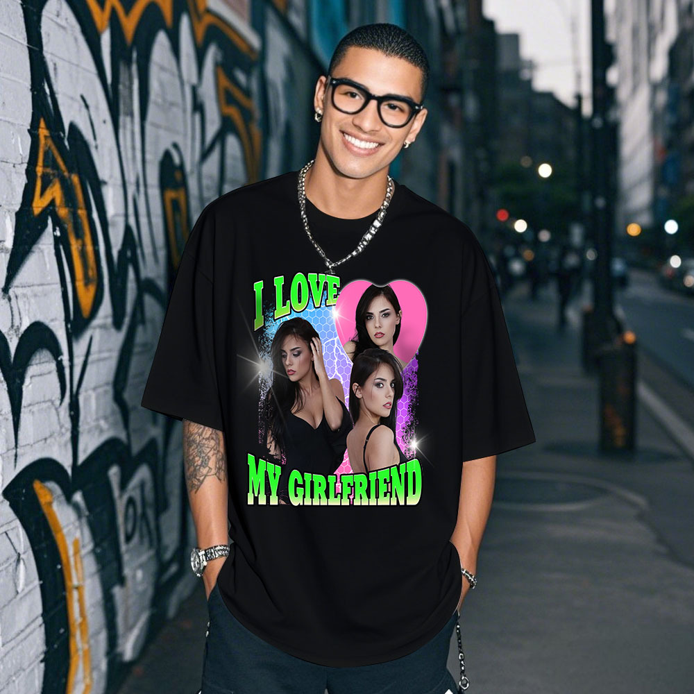 Custom Photo Tee Personalized Photo T Shirt I LOVE MY GIRLFRIEND Heart Couple Anniversary Valentine Gift - MyFaceSocksAU