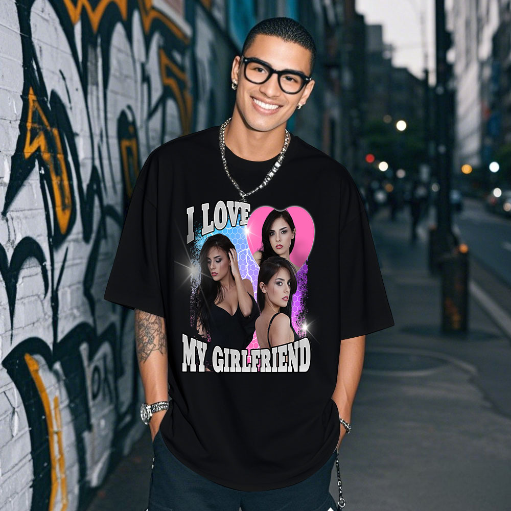 Custom Photo Tee Personalized Photo T Shirt I LOVE MY GIRLFRIEND Heart Couple Anniversary Valentine Gift - MyFaceSocksAU