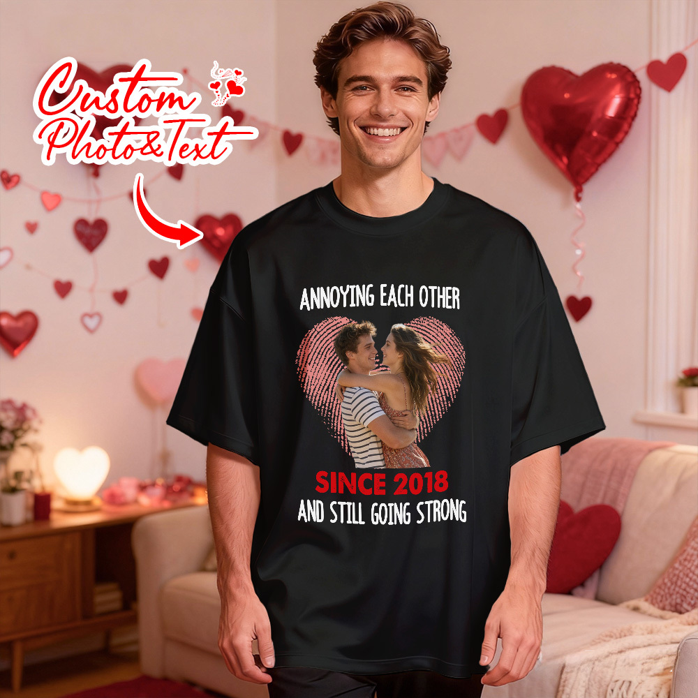 Personalized Couple Photo Tee Custom Photo T Shirt Heart-shaped Fingerprint Anniversary Valentine Gift For Couple - MyFaceSocksAU