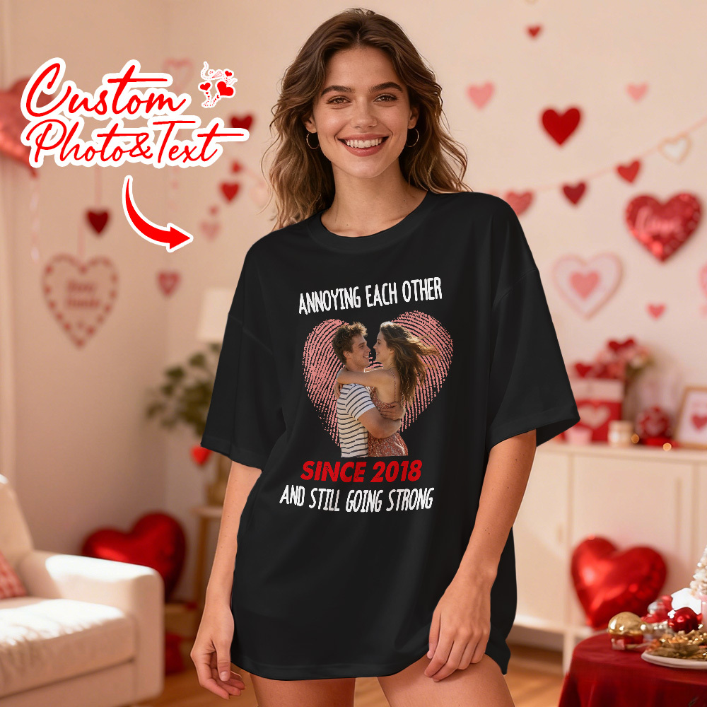 Personalized Couple Photo Tee Custom Photo T Shirt Heart-shaped Fingerprint Anniversary Valentine Gift For Couple - MyFaceSocksAU