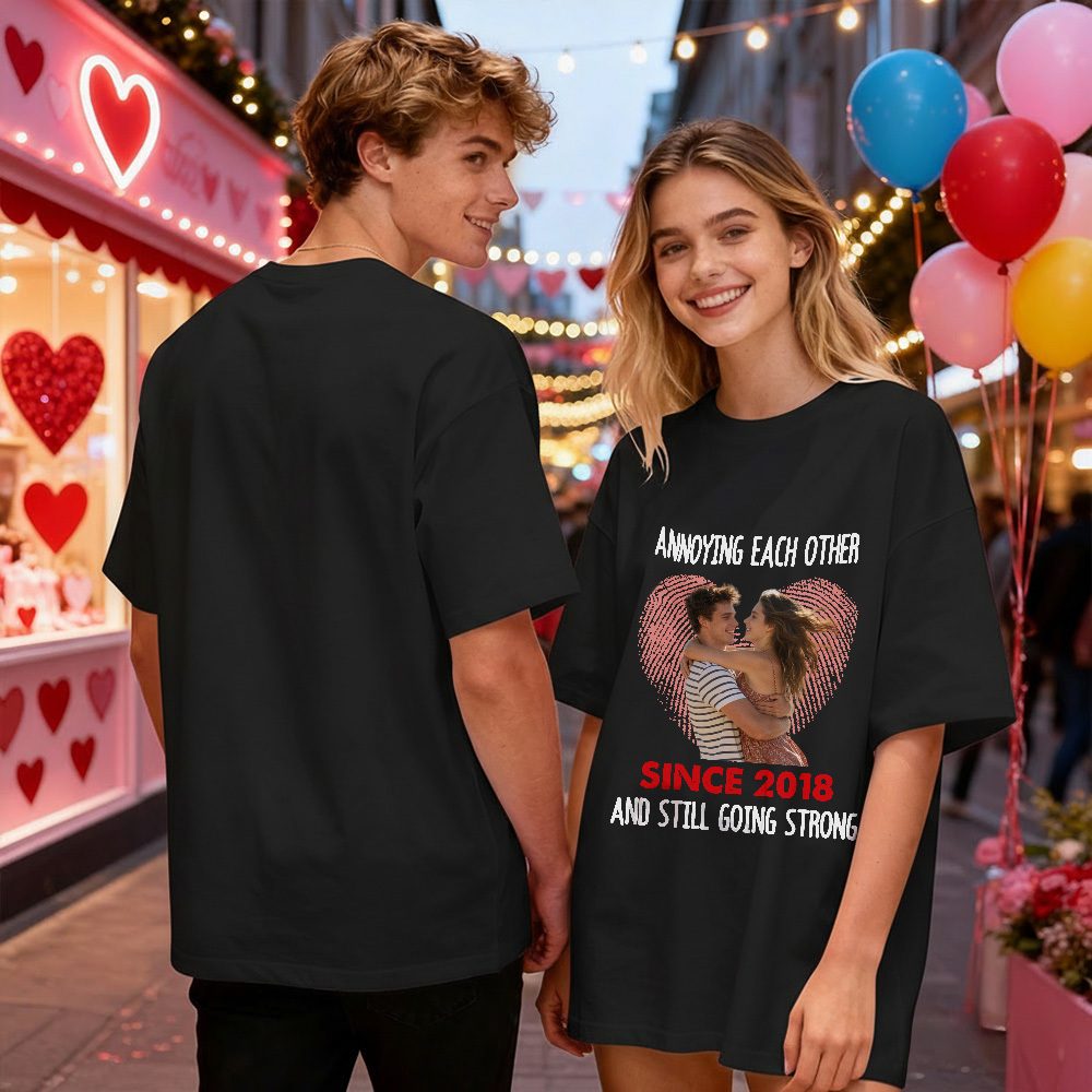 Personalized Couple Photo Tee Custom Photo T Shirt Heart-shaped Fingerprint Anniversary Valentine Gift For Couple - MyFaceSocksAU