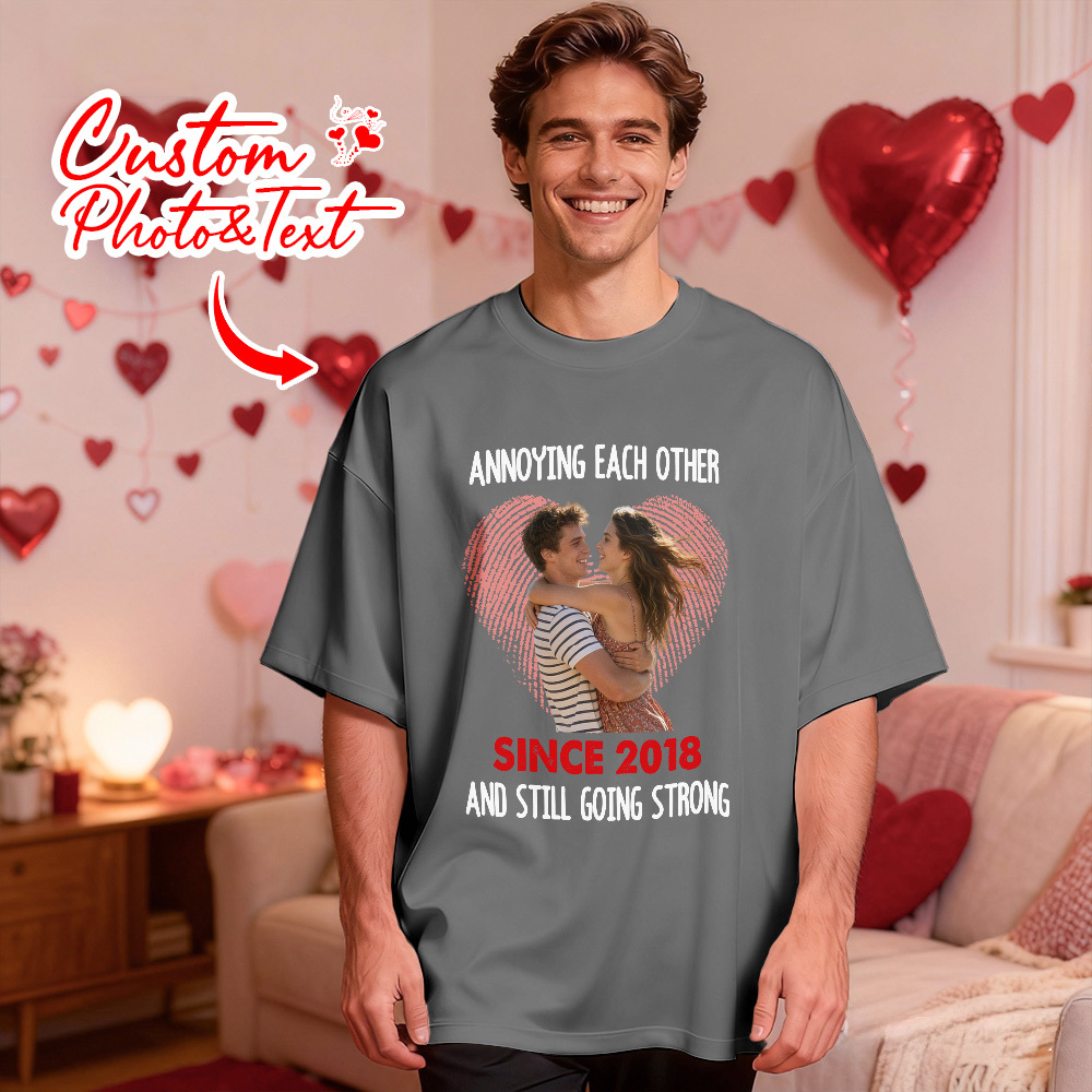 Personalized Couple Photo Tee Custom Photo T Shirt Heart-shaped Fingerprint Anniversary Valentine Gift For Couple - MyFaceSocksAU