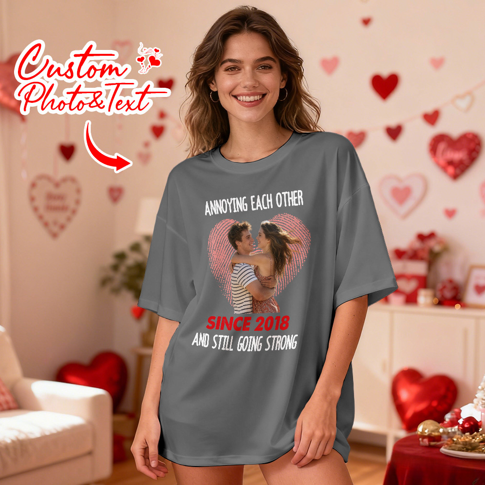 Personalized Couple Photo Tee Custom Photo T Shirt Heart-shaped Fingerprint Anniversary Valentine Gift For Couple - MyFaceSocksAU