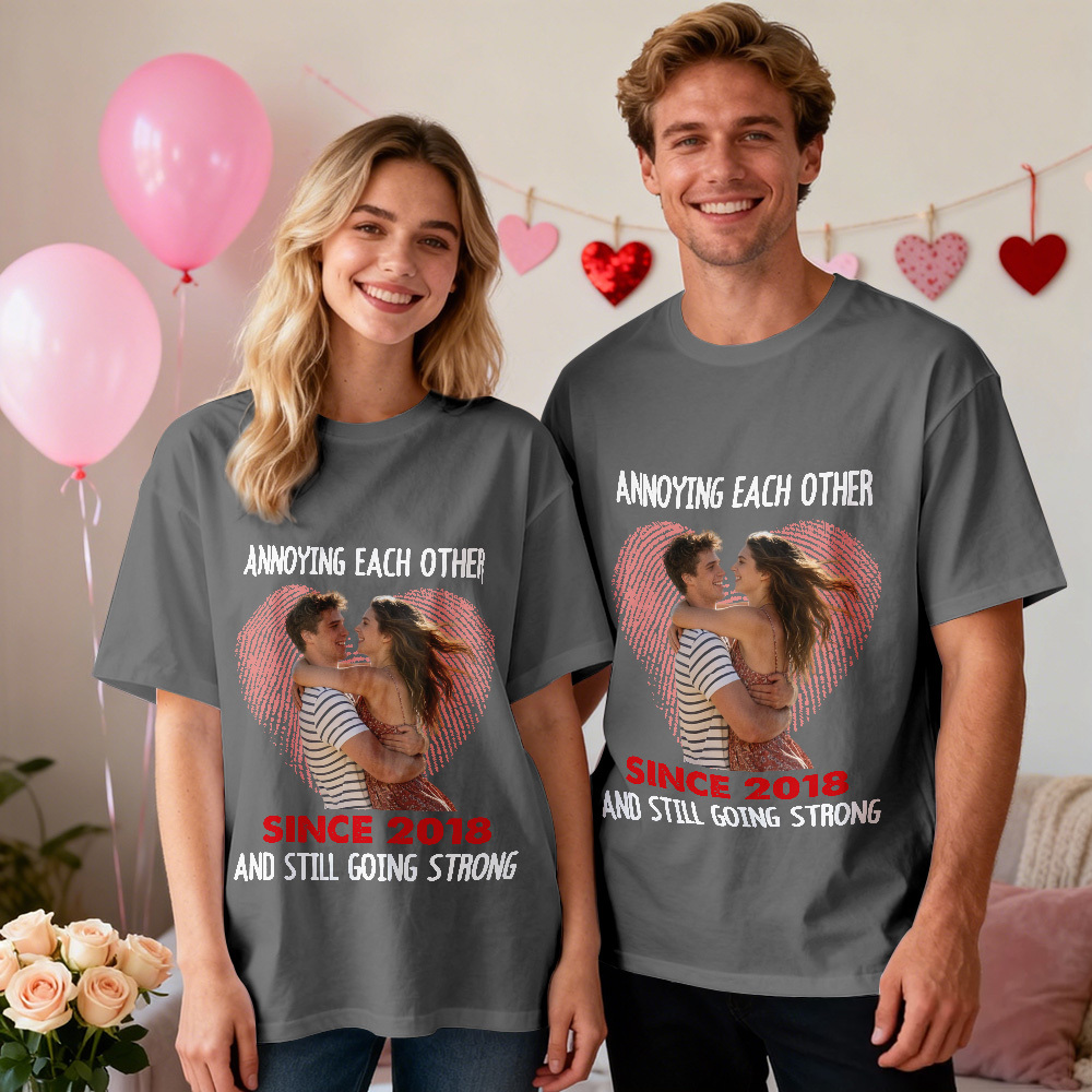 Personalized Couple Photo Tee Custom Photo T Shirt Heart-shaped Fingerprint Anniversary Valentine Gift For Couple - MyFaceSocksAU