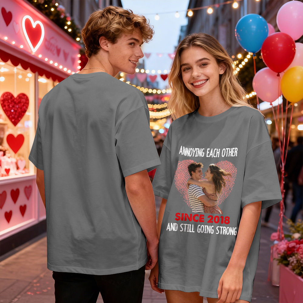 Personalized Couple Photo Tee Custom Photo T Shirt Heart-shaped Fingerprint Anniversary Valentine Gift For Couple - MyFaceSocksAU