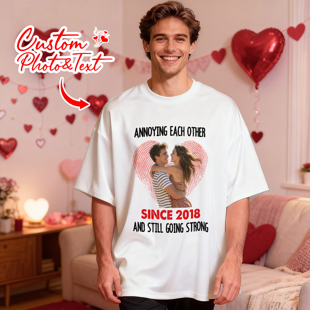 Personalized Couple Photo Tee Custom Photo T Shirt Heart-shaped Fingerprint Anniversary Valentine Gift For Couple - MyFaceSocksAU