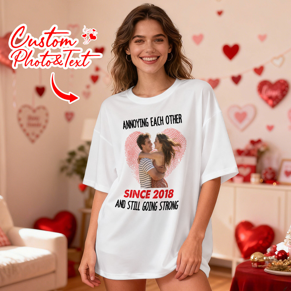 Personalized Couple Photo Tee Custom Photo T Shirt Heart-shaped Fingerprint Anniversary Valentine Gift For Couple - MyFaceSocksAU