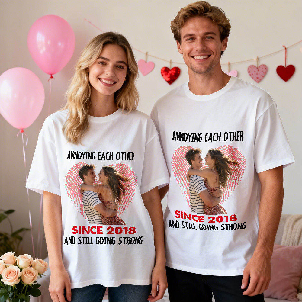 Personalized Couple Photo Tee Custom Photo T Shirt Heart-shaped Fingerprint Anniversary Valentine Gift For Couple - MyFaceSocksAU