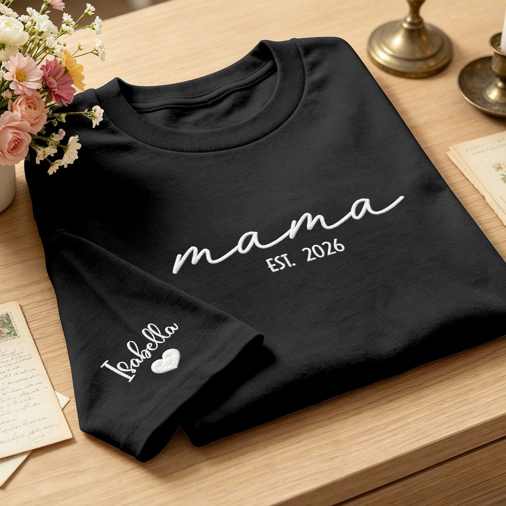Custom Mama Embroidered T-Shirt Personalized Embroidered Tee for Mom New Mom Style Pregnancy Announcement Outfit Mother's Day Gift Selection - MyFaceSocksAU