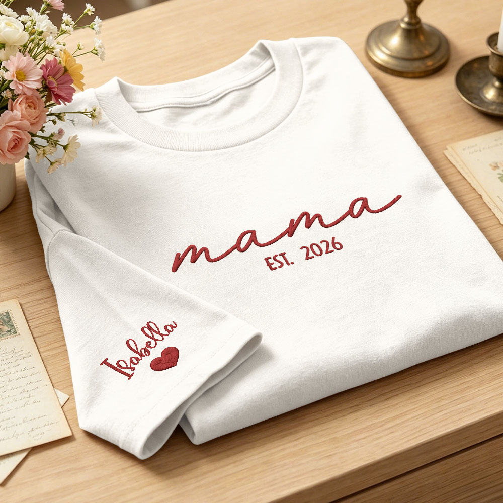 Custom Mama Embroidered T-Shirt Personalized Embroidered Tee for Mom New Mom Style Pregnancy Announcement Outfit Mother's Day Gift Selection - MyFaceSocksAU