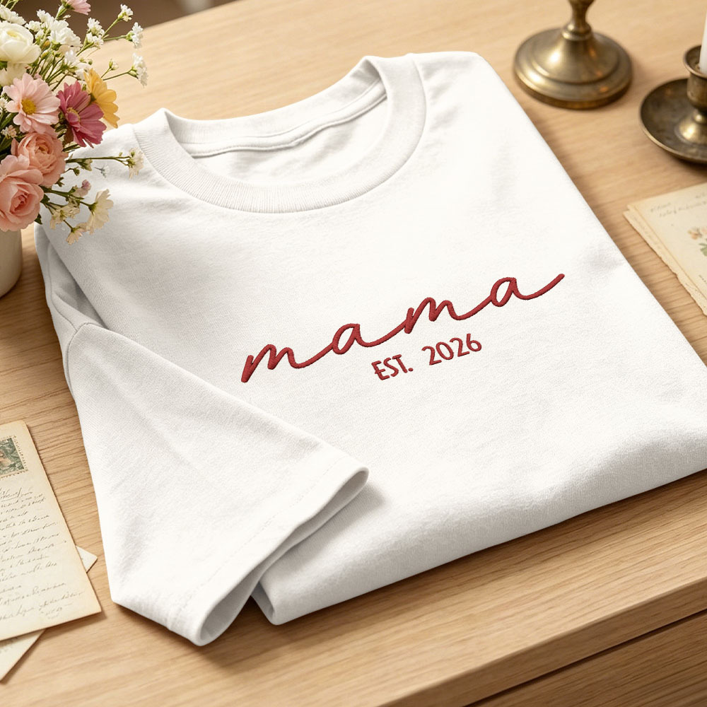 Custom Mama Embroidered T-Shirt Personalized Embroidered Tee for Mom New Mom Style Pregnancy Announcement Outfit Mother's Day Gift Selection - MyFaceSocksAU