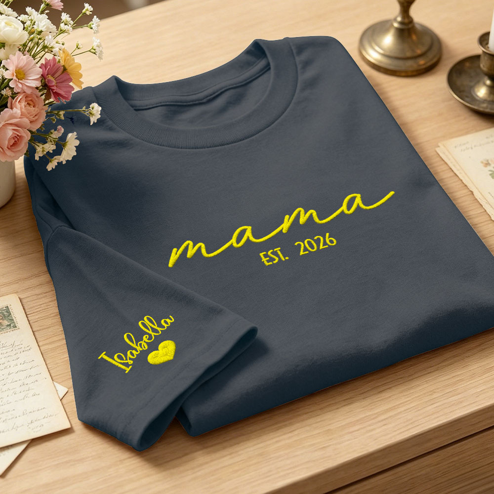 Custom Mama Embroidered T-Shirt Personalized Embroidered Tee for Mom New Mom Style Pregnancy Announcement Outfit Mother's Day Gift Selection - MyFaceSocksAU