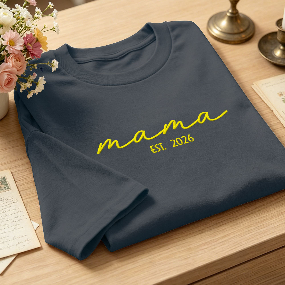 Custom Mama Embroidered T-Shirt Personalized Embroidered Tee for Mom New Mom Style Pregnancy Announcement Outfit Mother's Day Gift Selection - MyFaceSocksAU