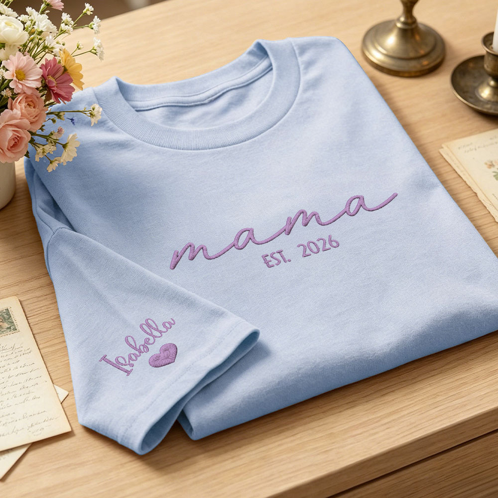 Custom Mama Embroidered T-Shirt Personalized Embroidered Tee for Mom New Mom Style Pregnancy Announcement Outfit Mother's Day Gift Selection - MyFaceSocksAU