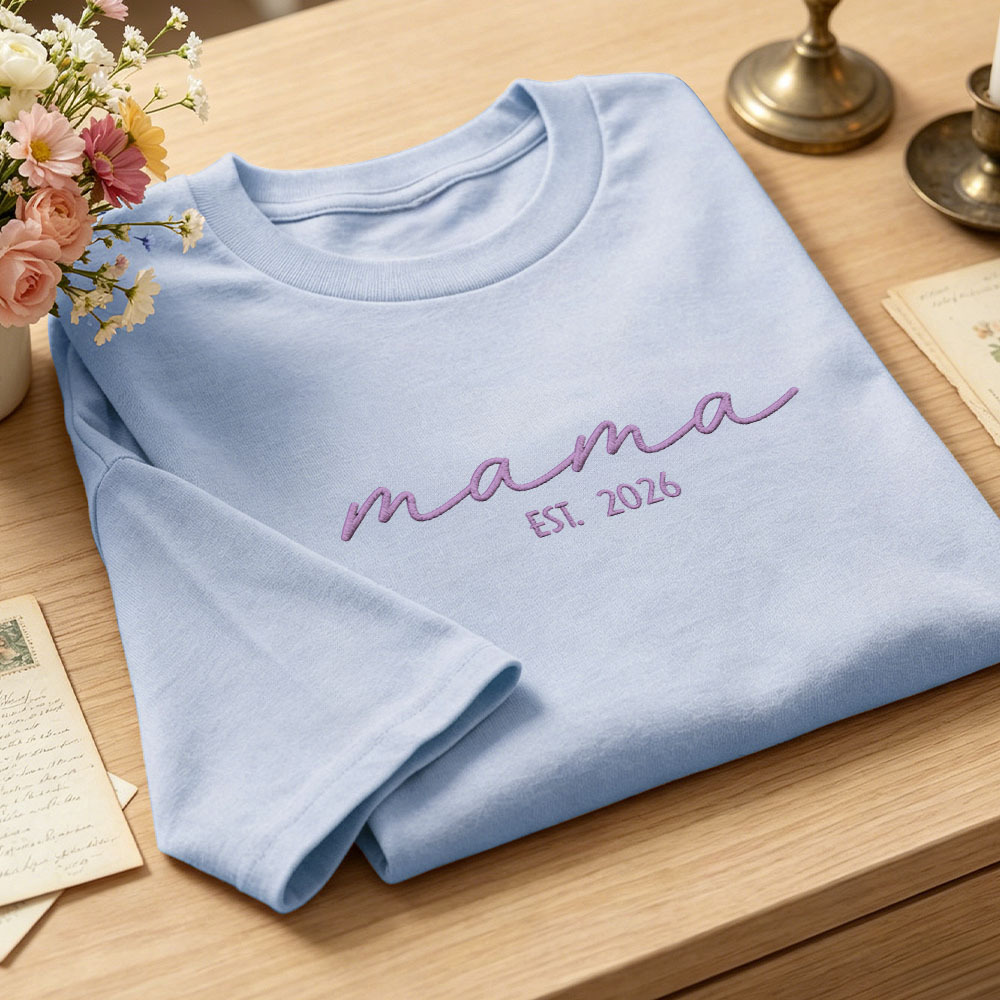 Custom Mama Embroidered T-Shirt Personalized Embroidered Tee for Mom New Mom Style Pregnancy Announcement Outfit Mother's Day Gift Selection - MyFaceSocksAU