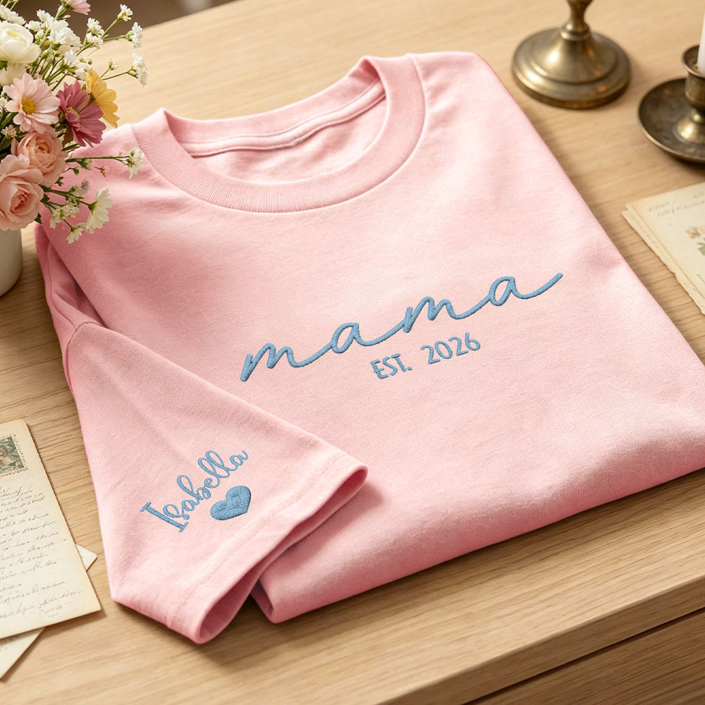 Custom Mama Embroidered T-Shirt Personalized Embroidered Tee for Mom New Mom Style Pregnancy Announcement Outfit Mother's Day Gift Selection - MyFaceSocksAU