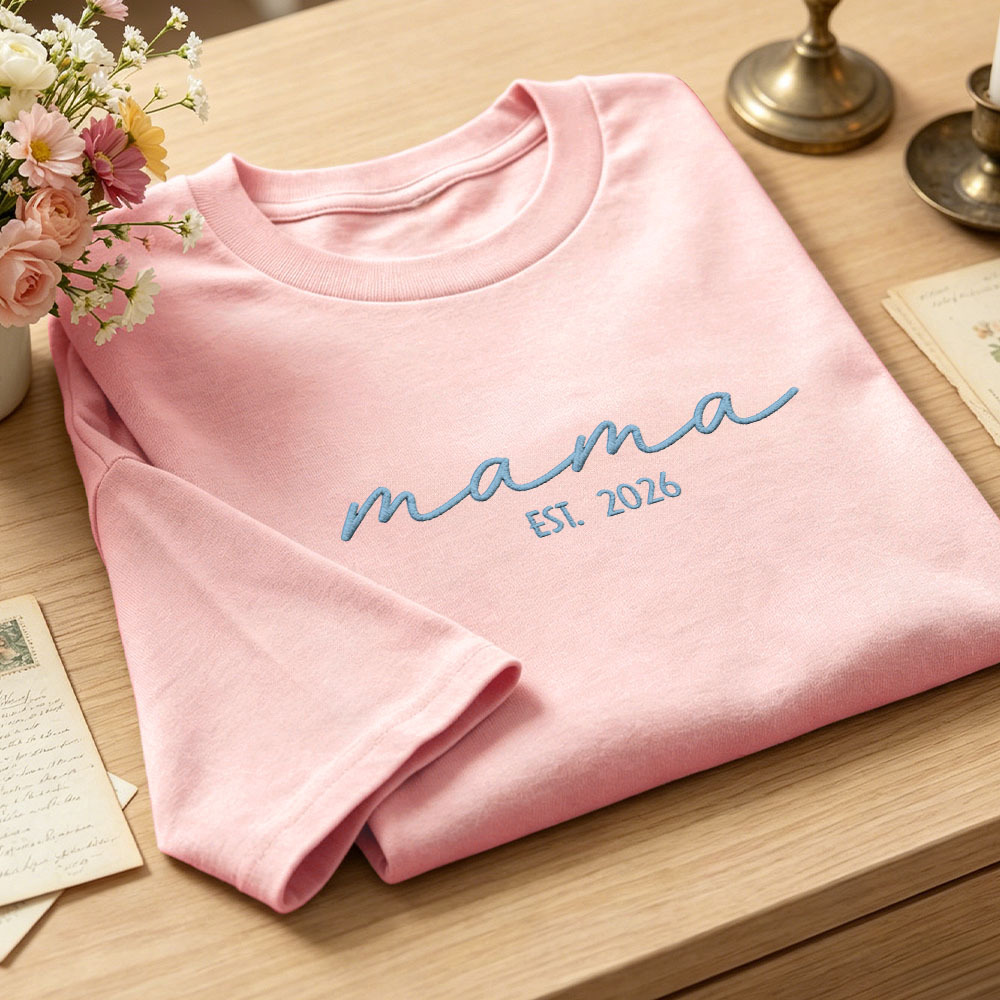 Custom Mama Embroidered T-Shirt Personalized Embroidered Tee for Mom New Mom Style Pregnancy Announcement Outfit Mother's Day Gift Selection - MyFaceSocksAU