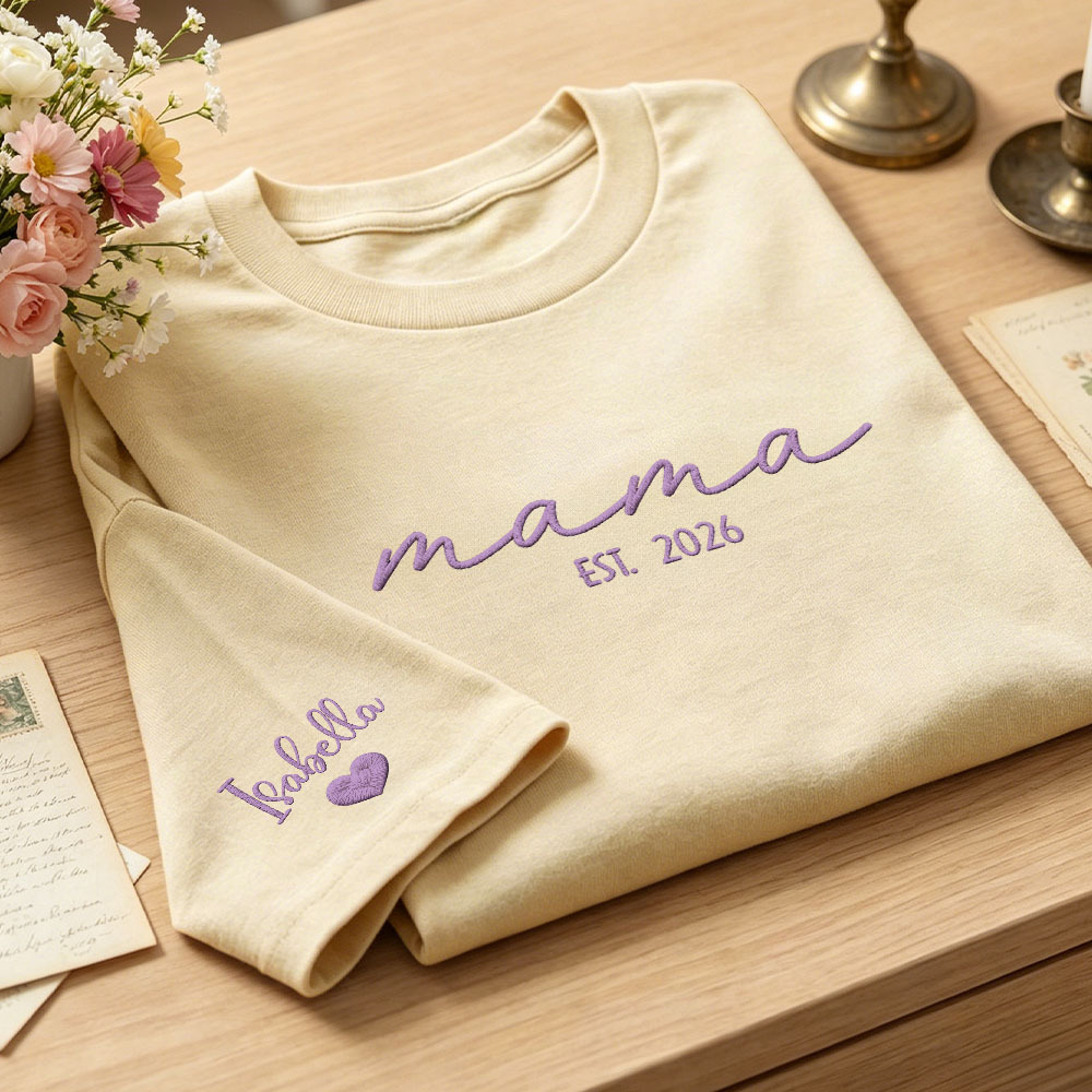Custom Mama Embroidered T-Shirt Personalized Embroidered Tee for Mom New Mom Style Pregnancy Announcement Outfit Mother's Day Gift Selection - MyFaceSocksAU