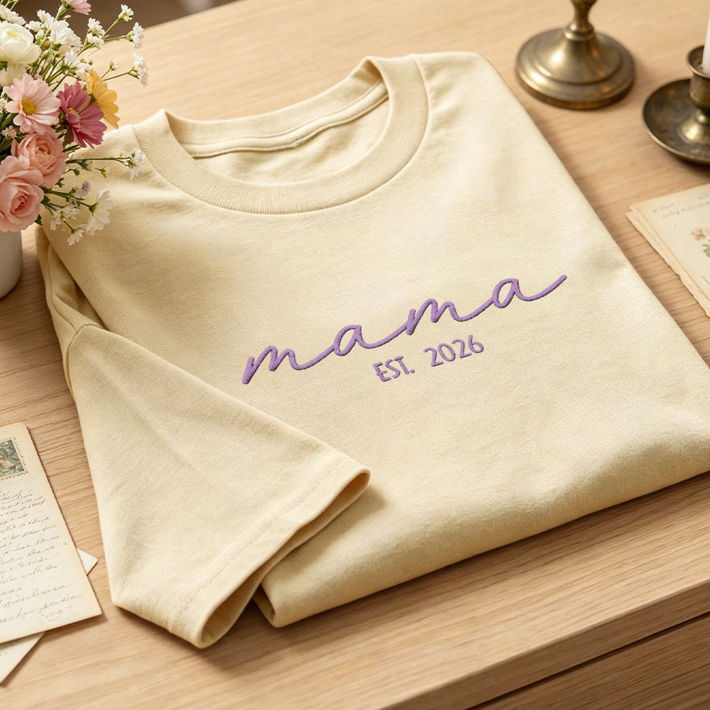 Custom Mama Embroidered T-Shirt Personalized Embroidered Tee for Mom New Mom Style Pregnancy Announcement Outfit Mother's Day Gift Selection - MyFaceSocksAU