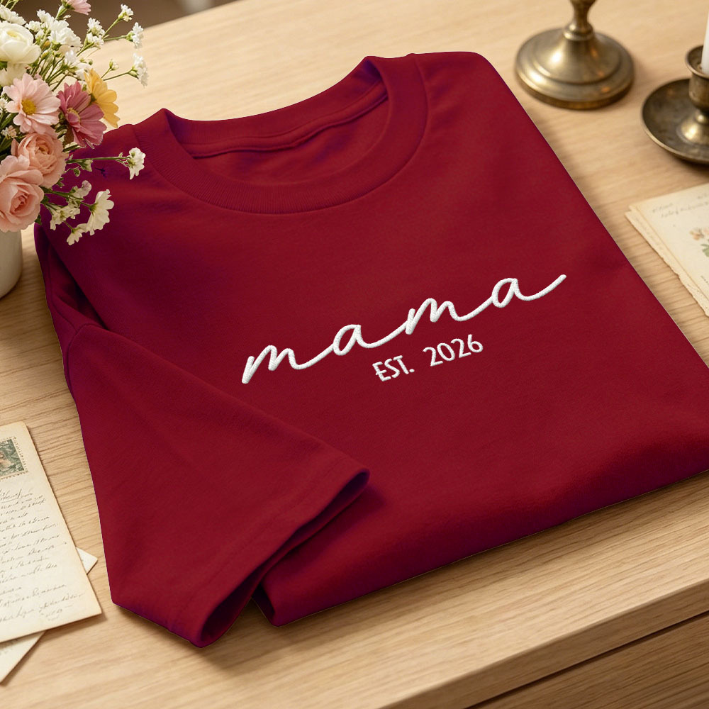 Custom Mama Embroidered T-Shirt Personalized Embroidered Tee for Mom New Mom Style Pregnancy Announcement Outfit Mother's Day Gift Selection - MyFaceSocksAU