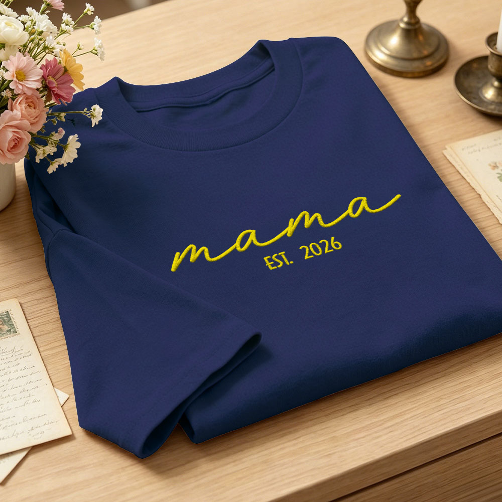 Custom Mama Embroidered T-Shirt Personalized Embroidered Tee for Mom New Mom Style Pregnancy Announcement Outfit Mother's Day Gift Selection - MyFaceSocksAU