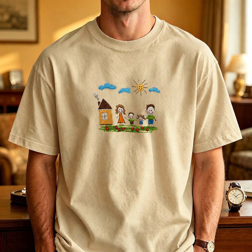 Custom Kids Drawing Embroidered T-Shirt – Personalized Child Artwork Tee, Custom Family Portrait Embroidery Shirt, Meaningful Gift for Mom, Dad & Grandparents
