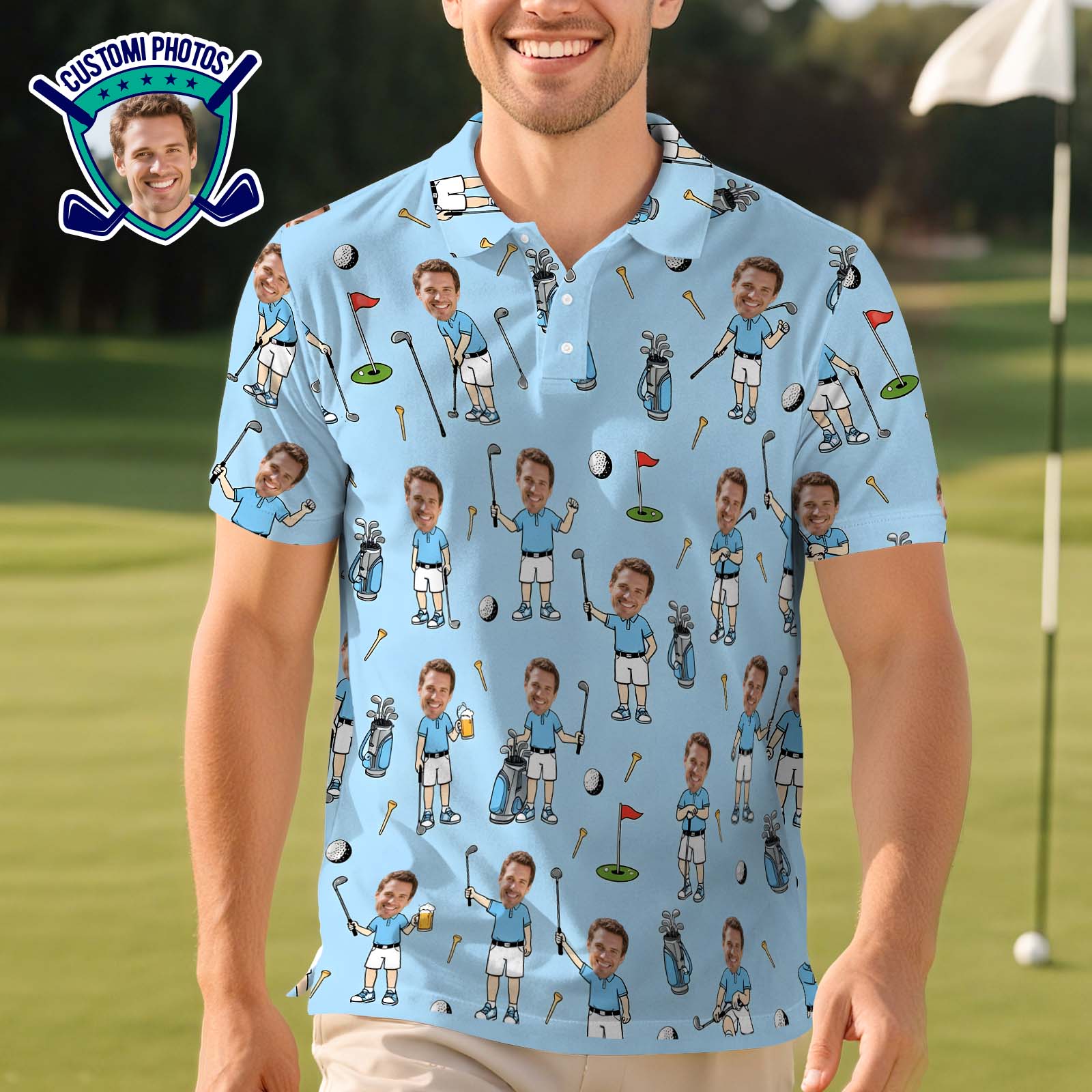 Personalized Face Photo Golf Polo Shir, Father's Day Gifts, Funny Polo Shirt for Golfer, Custom Face Photo Polo Shirt, Photo Golf Polo Shirt