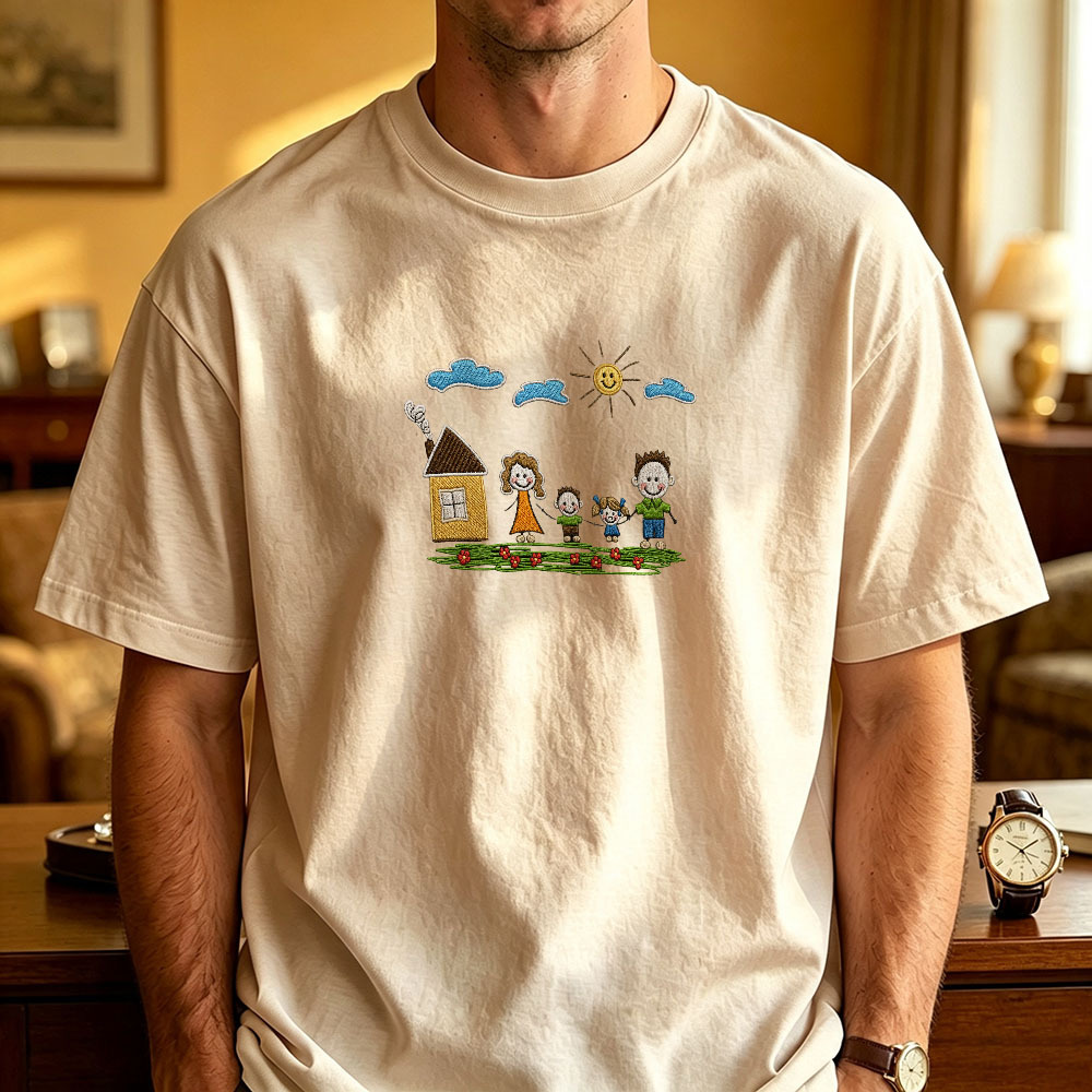 Custom Kids Drawing Embroidered T-Shirt – Personalized Child Artwork Tee, Custom Family Portrait Embroidery Shirt, Meaningful Gift for Mom, Dad & Grandparents - MyFaceSocksAU