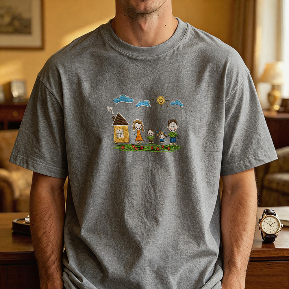 Custom Kids Drawing Embroidered T-Shirt – Personalized Child Artwork Tee, Custom Family Portrait Embroidery Shirt, Meaningful Gift for Mom, Dad & Grandparents - MyFaceSocksAU