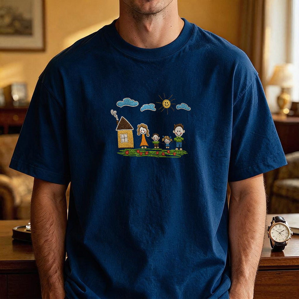 Custom Kids Drawing Embroidered T-Shirt – Personalized Child Artwork Tee, Custom Family Portrait Embroidery Shirt, Meaningful Gift for Mom, Dad & Grandparents - MyFaceSocksAU